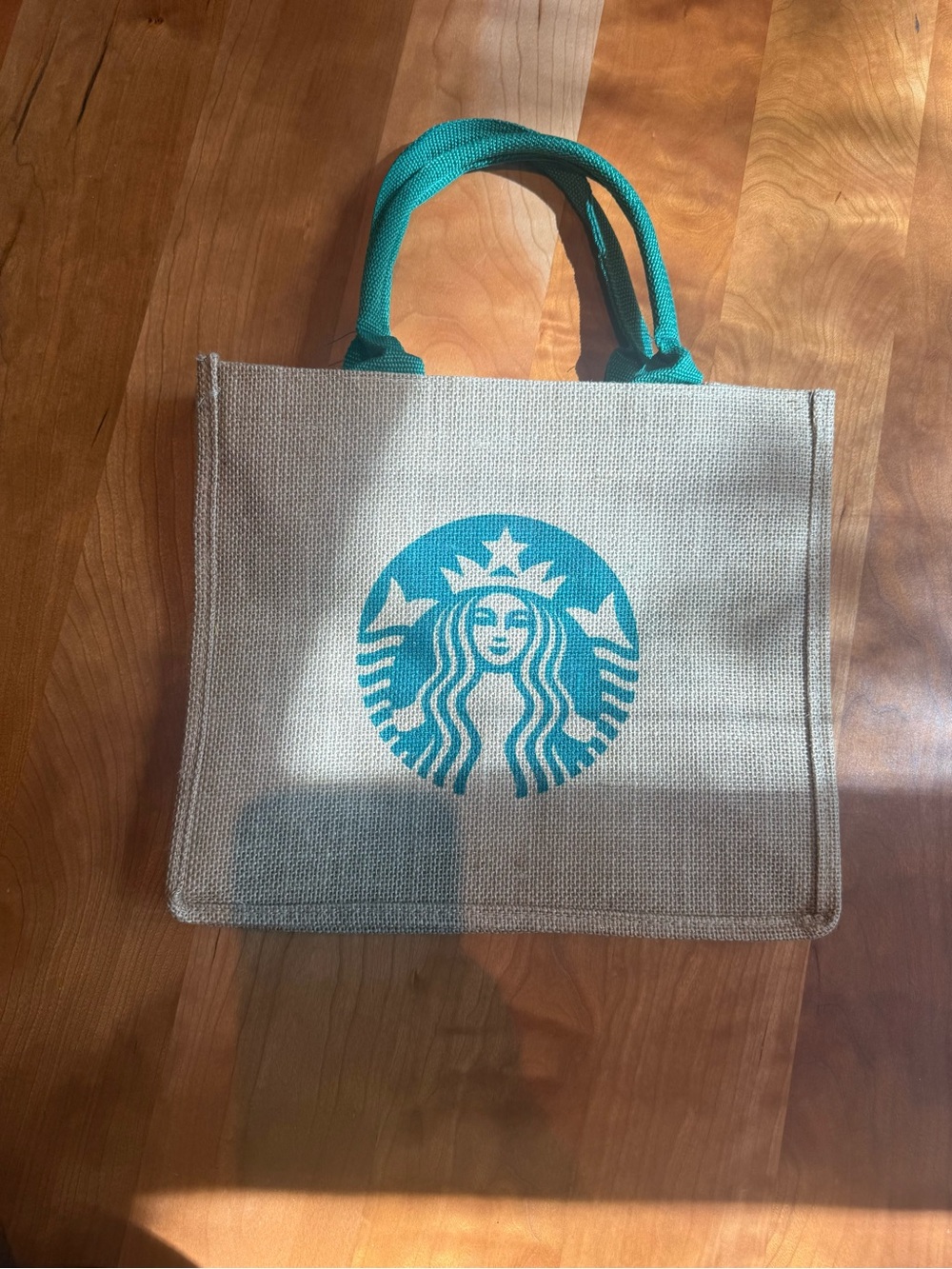 Starbucks Natural Jute Tote with Teal Logo and Handles